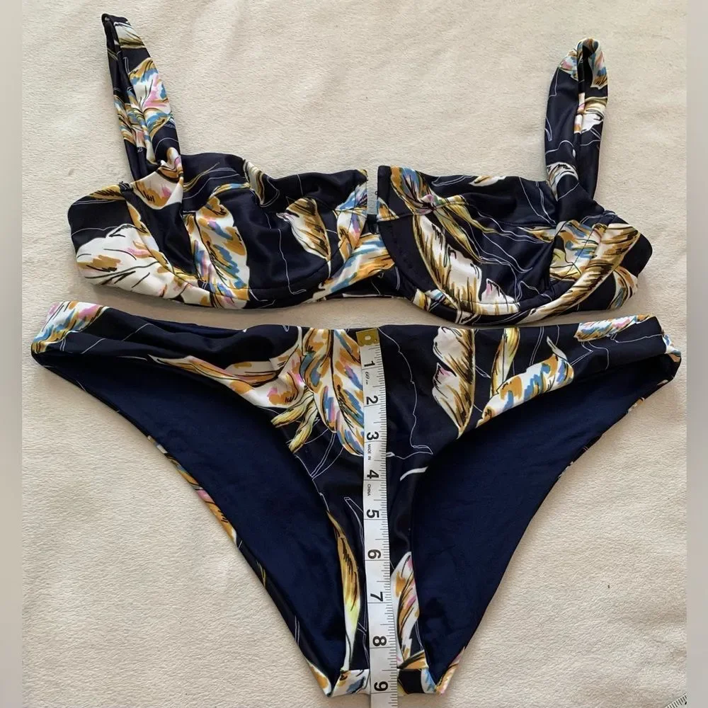 L*space Set Floral Camellia Top & Camacho Bottom Bikini Navy Blue Large/XL NEW